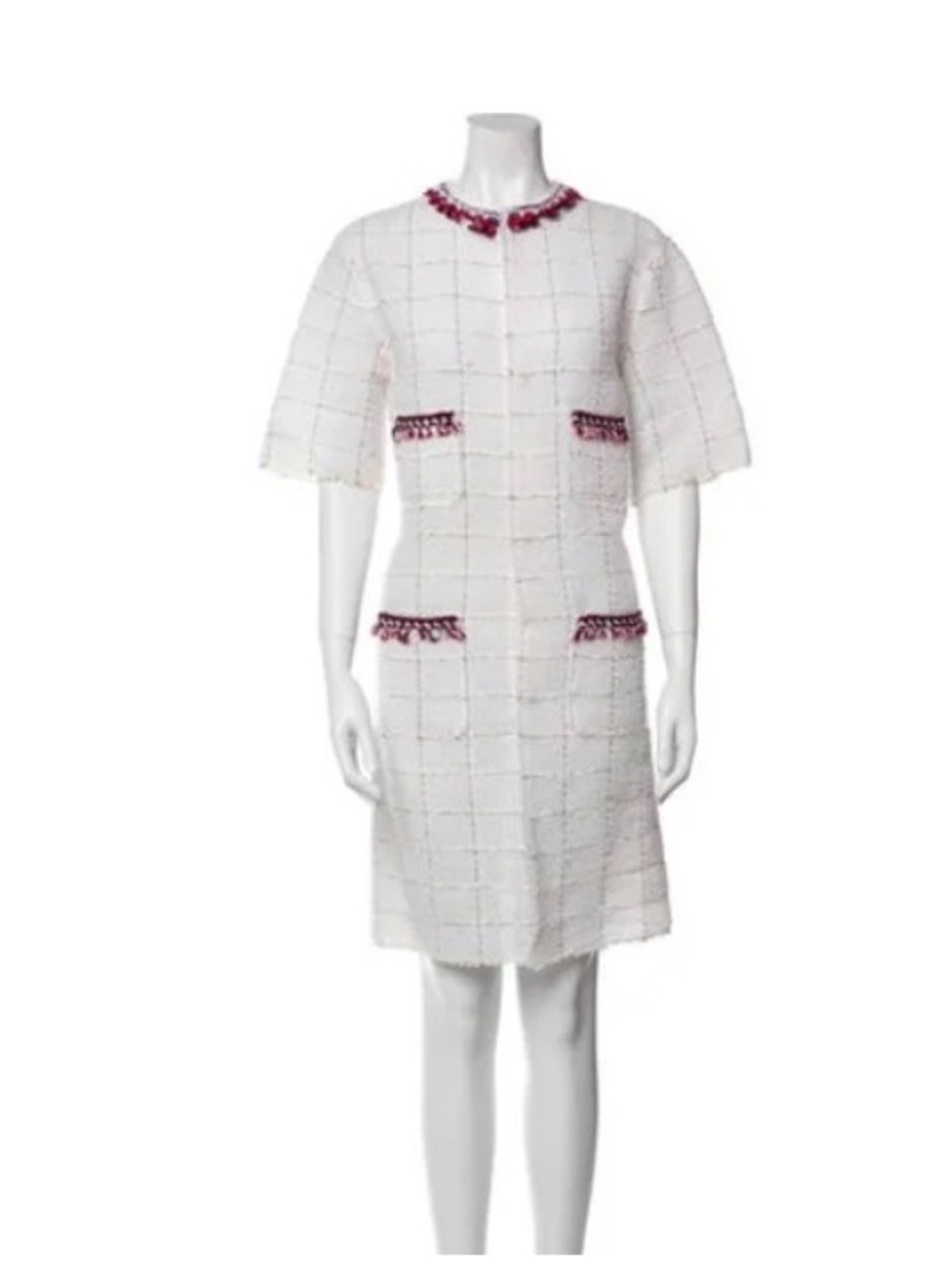 Dolce & Gabbana White Tweed Midi Coat with Pink Fringe Trim